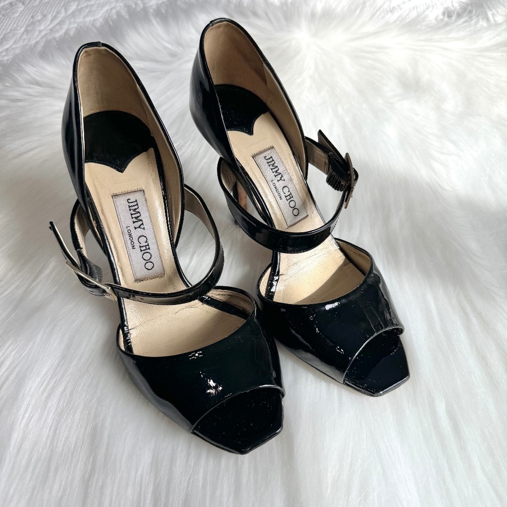 Jimmy Choo Black Patent Leather Open Toe Lumiere D'Orsay Pumps Size 5.5/36.5